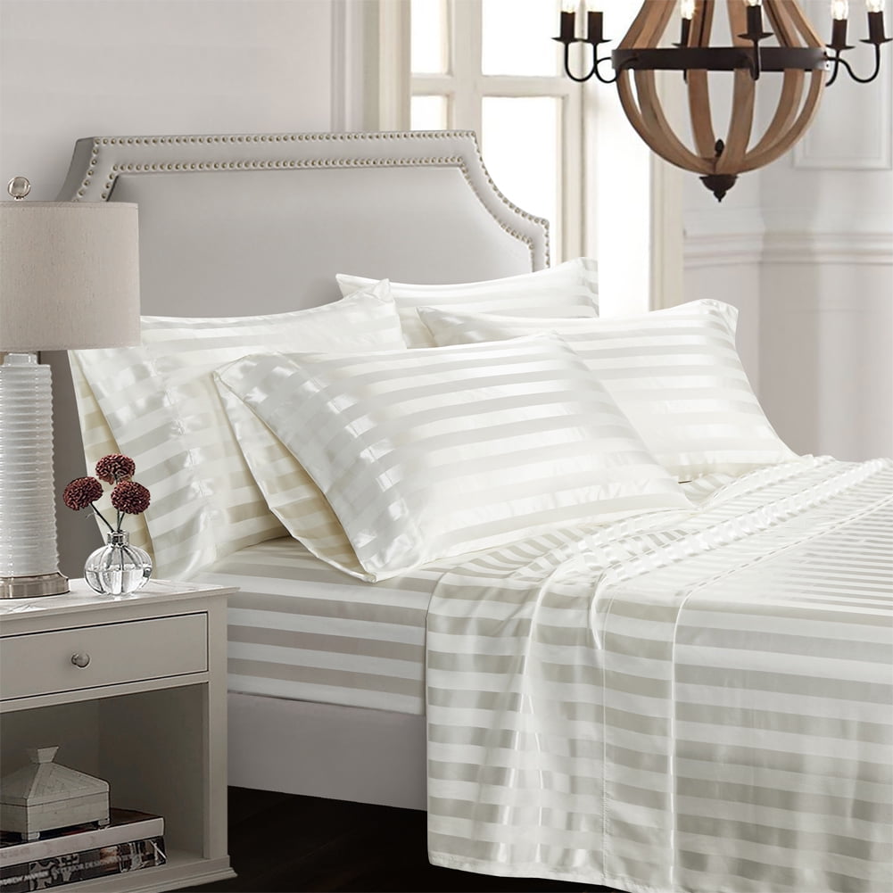 AiMay Italian Style  6 Piece Satin Bed Sheet Set Stripes Super Soft Deep Pocket 1800 Luxury Rich Silk 1 Flat Sheet 1 Fitted Sheet 4 Envelope Pillowcases Stain-Resistant Wrinkle Free (King, Off White)