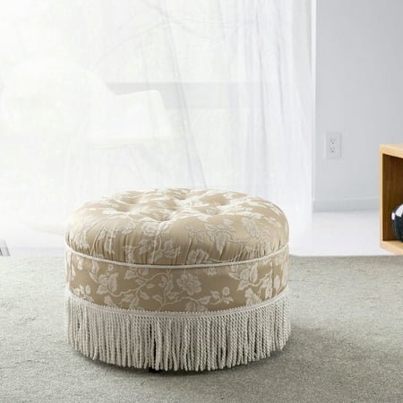 Yolanda 24" Round Upholstered Accent Ottoman, Champagne Beige Floral Jacquard with Ivory Trim