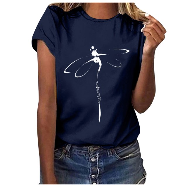 Fgnfyis Hauts pour Femmes T-Shirt Décontracté à Lettres Col Rond Manches Courtes Tunique T-Shirts pour Femmes Marine G