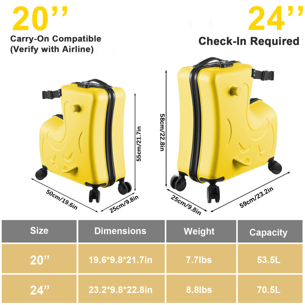 Kids Ride on Luggage for Aged 3-6, Toddler Luggage with Seat,Rolling Luggage with Spinner Wheels ,Suitcase Carry Trolley with Password Lock,with Safety Belt, Airplane Travel (Yellow)