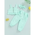 thumbnail image 2 of Franhais Girls Casual Suit, Solid Color Sleeveless Ruffled Sling Tops+Pockets Long Pants+Headband, 2 of 9