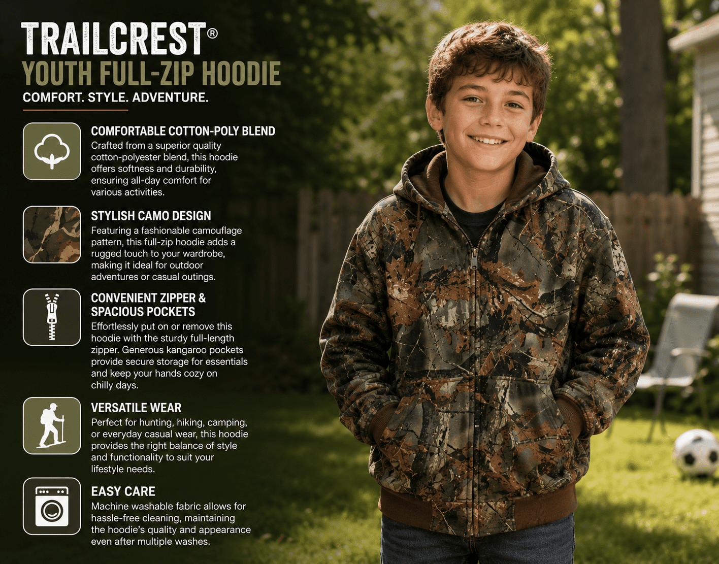 TrailCrest Boy’s Full Zip Up Hoodie Sweatshirt Sweater Hooded Jacket, Medium