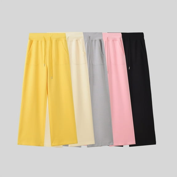 HAPIMO Wide Leg Pants Loose Pants for Women Solid Color Palazzo Pants Drawstring Elastic Waist Trousers Fashion Workout Casual Cotton Lined Sweatpants Beige L