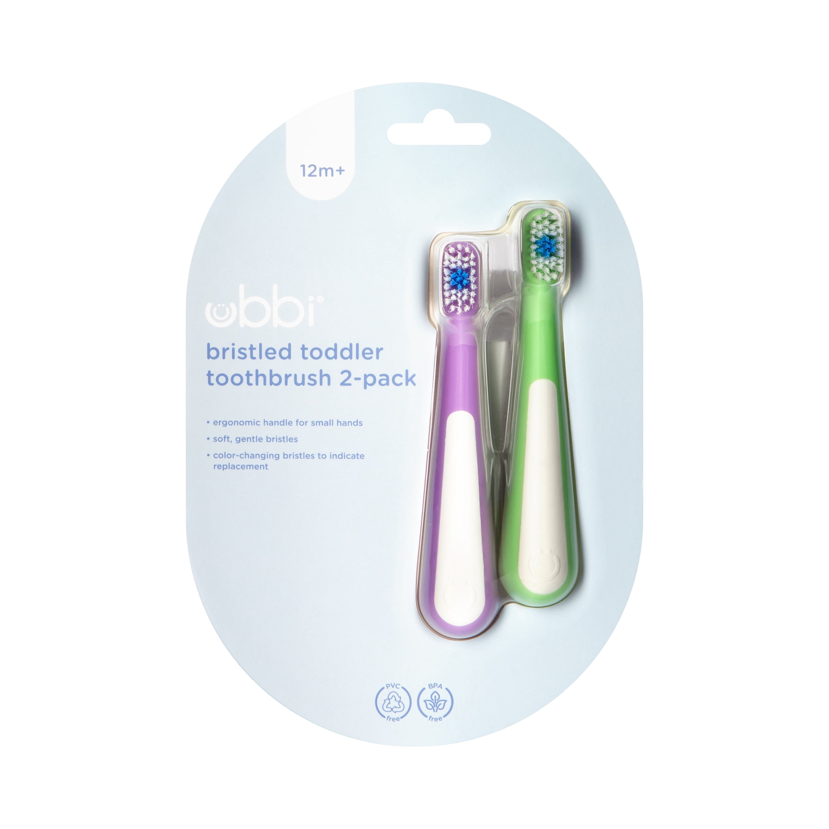 Ubbi Toddler Training Toothbrush Set, Soft Bristled & Gentle Manual Toothbrushes for Baby, Smoothie Purple & Zest Green