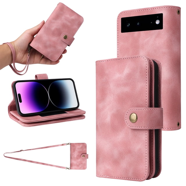 for Google Pixel 6 Pro Wallet Case, PU Leather 6 Card Slots Removable Adjustable Crossbody Necklace Lanyard Shoulder Strap Zipper Bag Anti-Falling Rugged Case for Google Pixel 6 Pro,Black