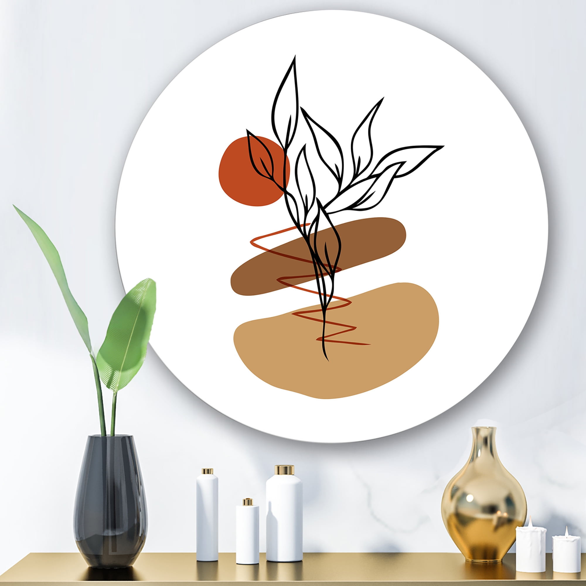 Designart 'Abstract Flowers Plants With Elementary Shapes II' Modern Circle Metal Wall Art 23x23 - Disc of 23