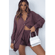 thumbnail image 2 of VISgogo - Conjunto de pantalones cortos para mujer, blusa de manga larga de color sólido con botones y pantalones cortos con cintura elástica VISgogo moda, 2 of 3