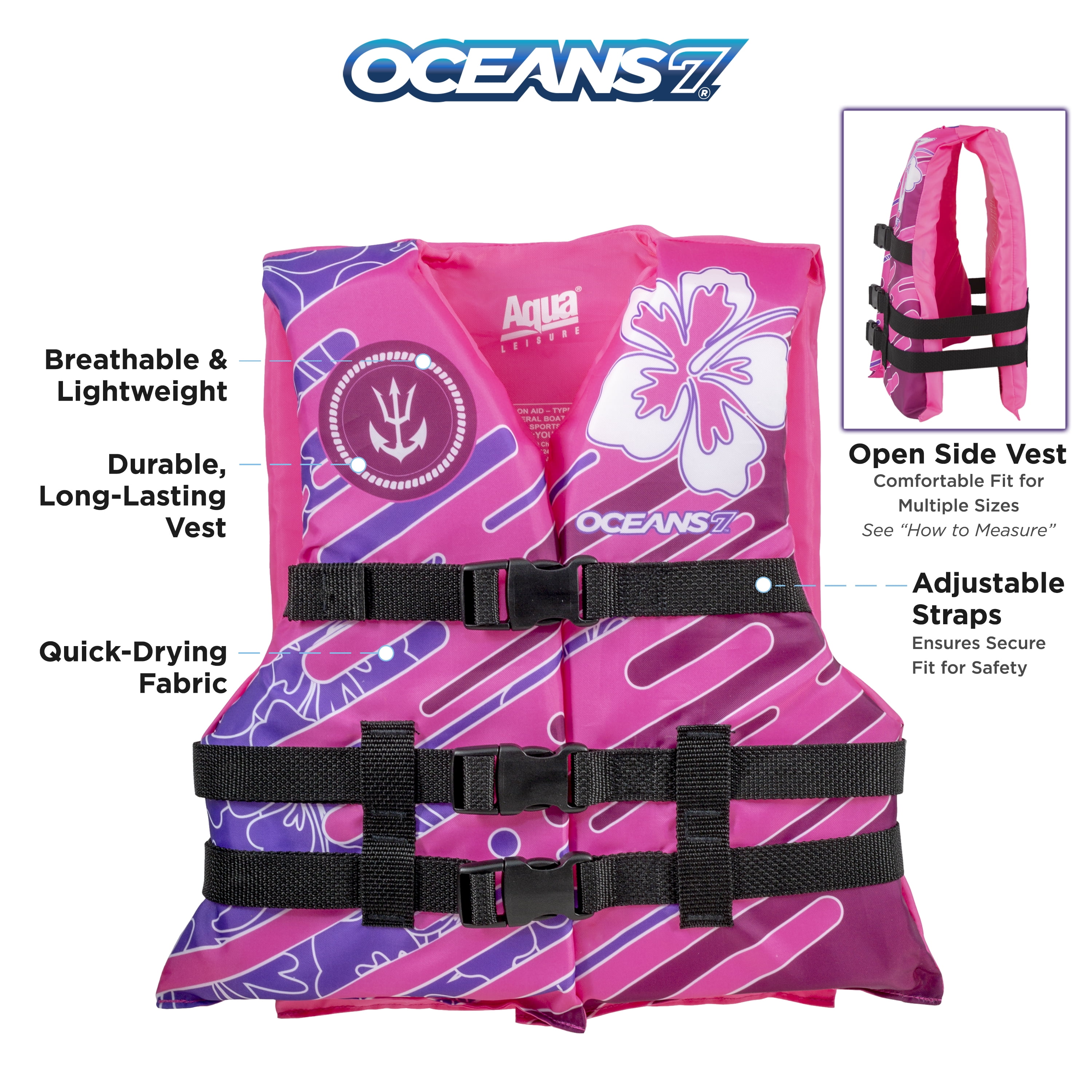 Oceans7 Youth Open Side Life Vest, Durable, 50-90 lbs, Pink/Purple, Unisex, Nylon