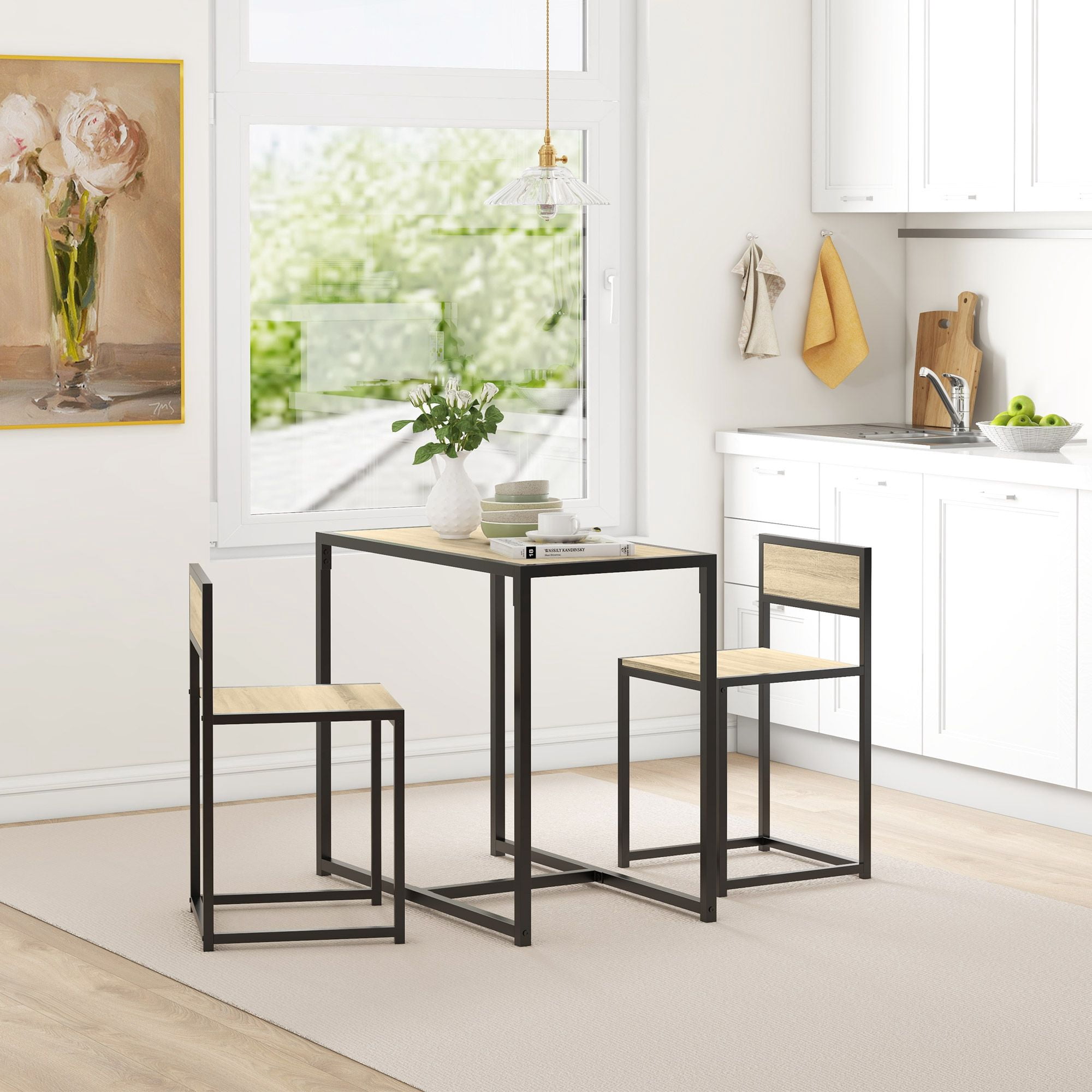 3 Piece Kitchen Table Set with Rectangular Table and 2 Dining Chairs, Oak