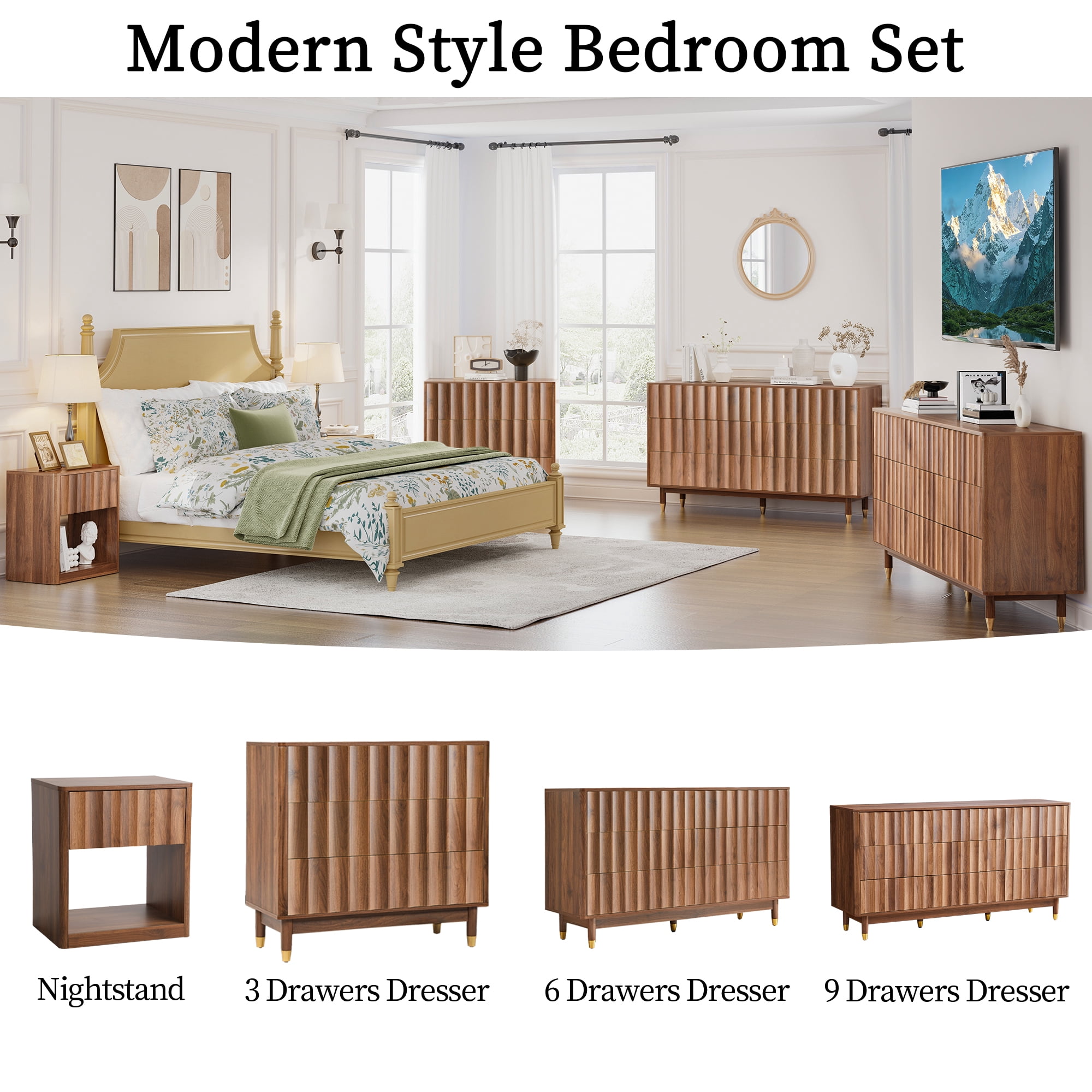 LEFHDA Fluted 9-Drawer Dresser for Bedroom with Deep Drawers, 60" Wide Mid Century Modern Chest of Drawers, Wooden Dresser TV Stand for Living Room, Hallway, Closet (Walnut)