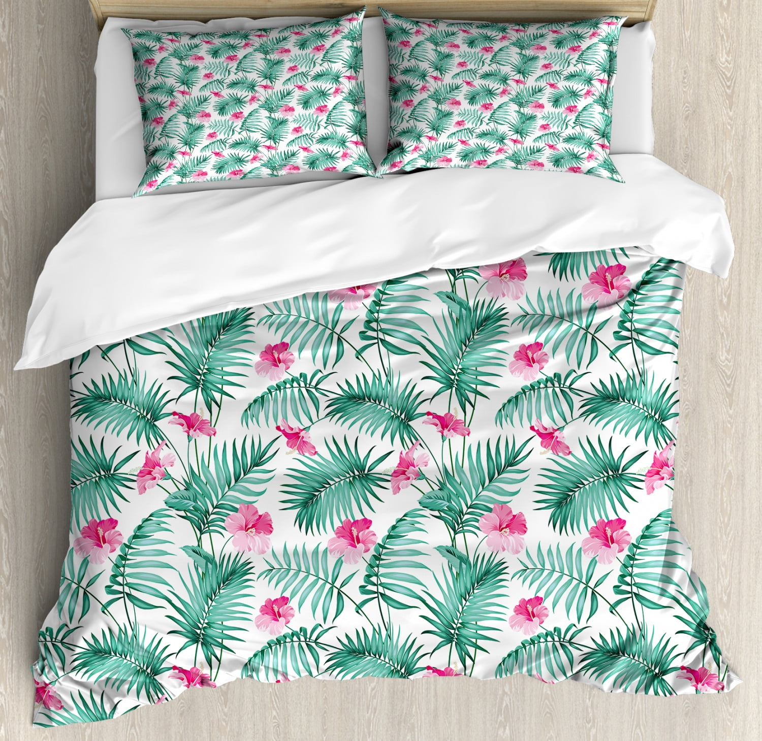 Watercolor Duvet Cover Set Tropical Ferns With Flowers Exotic