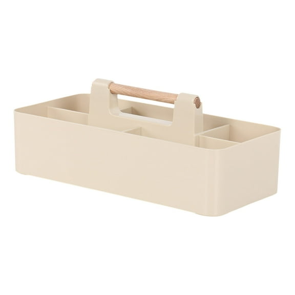 Plastic Stackable Caddy Tote Set, Large Storage Organizer Bins with 5 Compartment Divider and Handle for Makeup, Vanity, Bathroom, Office Supplies, Crafts, Nursery -Beige