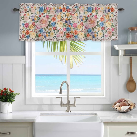 Valances for Windows Spring Colorful Floral Botanical Rod Pocket Short Curtain for Bathroom Living Room Bedroom Farmhouse Retro Plank 1 Panel 54x18in