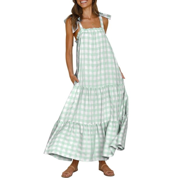 SAYOO Vestido largo sin mangas para mujer, estampado a cuadros, con lazo, sin espalda, vestido holgado SAYOO S-XL