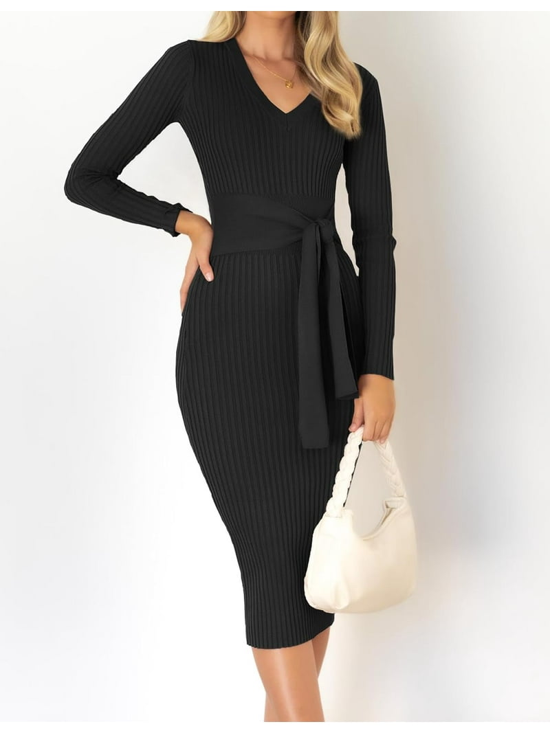 YOGAFOX Women's Fall V Neck Ribbed Knit Tie Waist Long