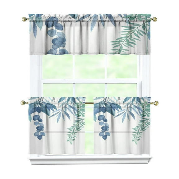 Blue Plant Leaves 3-Piece Kitchen Curtains Set Kitchen Curtains Sets with Valance for Windows Rod Pocket Machine Washable Kitchen Decor(54"x18" 2x27.5"x24")