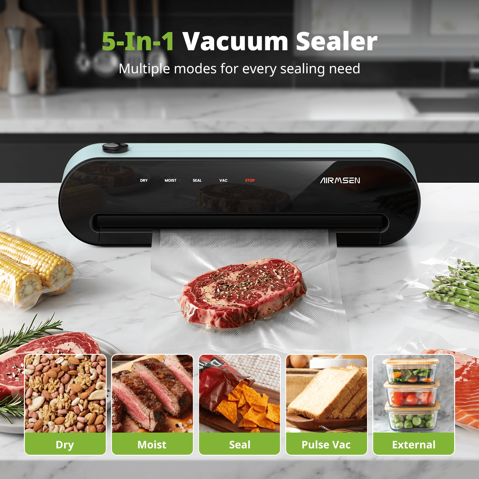 AIRMSEN Fully Automatic Vacuum Sealer Machine, 5-In-1 Food Sealer with External Accessory, Cutter, Pulse Vac, Manual Stop, Includes 1 Roll + 5 Vacuum Bags