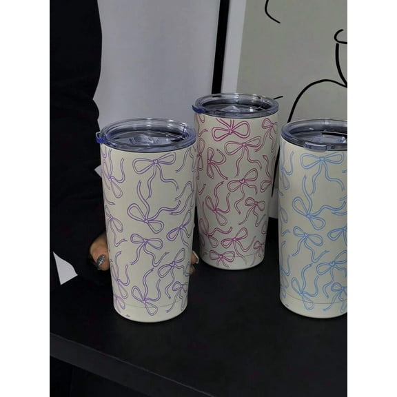 1pc INS Style 20oz Stainless Steel Double-Wall Insulated Tumbler With Bow Pattern, Reusable Coffee/Drink Cup For Office, Home, Outdoor, Great Gift For Holidays, Birthdays