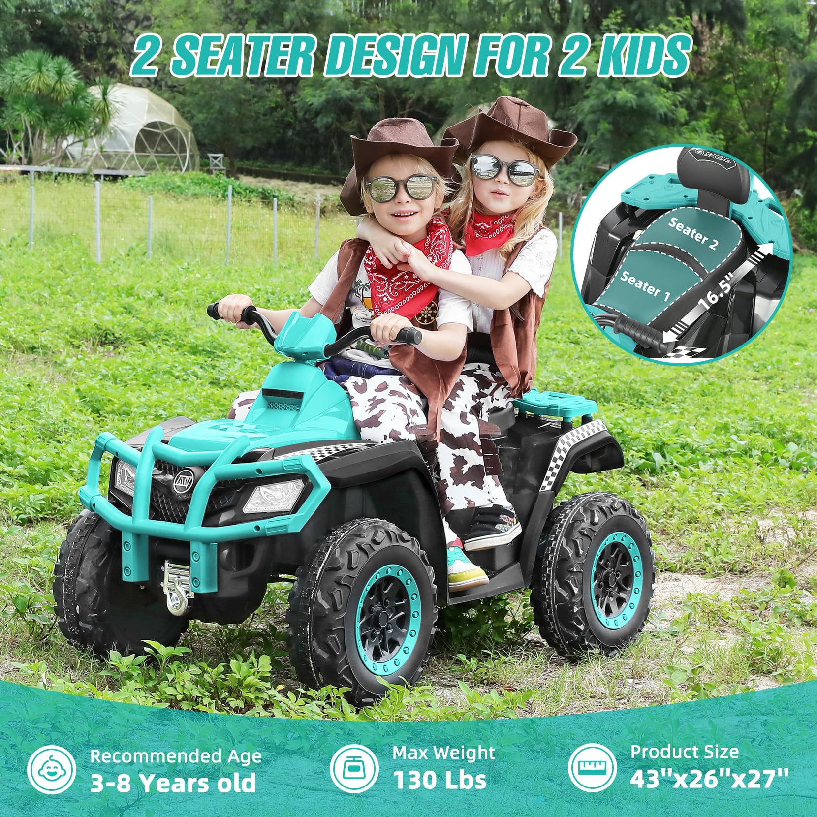 12V Kids Ride on ATV,2 Seater Powered Ride on All-terrain Vehicle with Spring Suspension,4MPH 10AH Battery, Bluetooth,LED Light,Electric Truck for Age 3-8,Blue