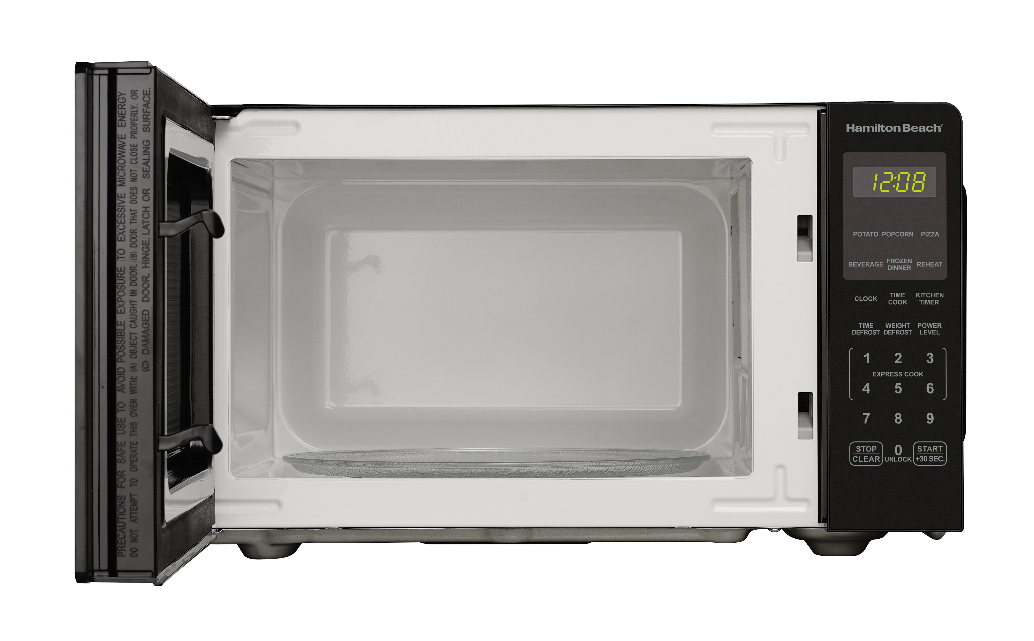 Hamilton Beach 0.9 Cu ft Countertop Microwave Oven, 900 Watts, Black Stainless Steel, New