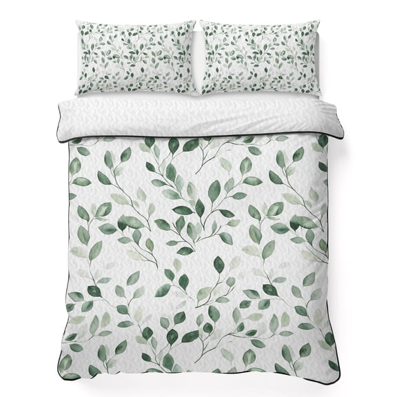 Twin Quilt Set 68''x86'', Eucalyptus Leaves Lightweight Summer Bedspread Coverlet Set with 2 Pillow Shams, Watercolor Summer Botanical Green Breathable All Season Quilt Bedding for Dorm/Bedroom