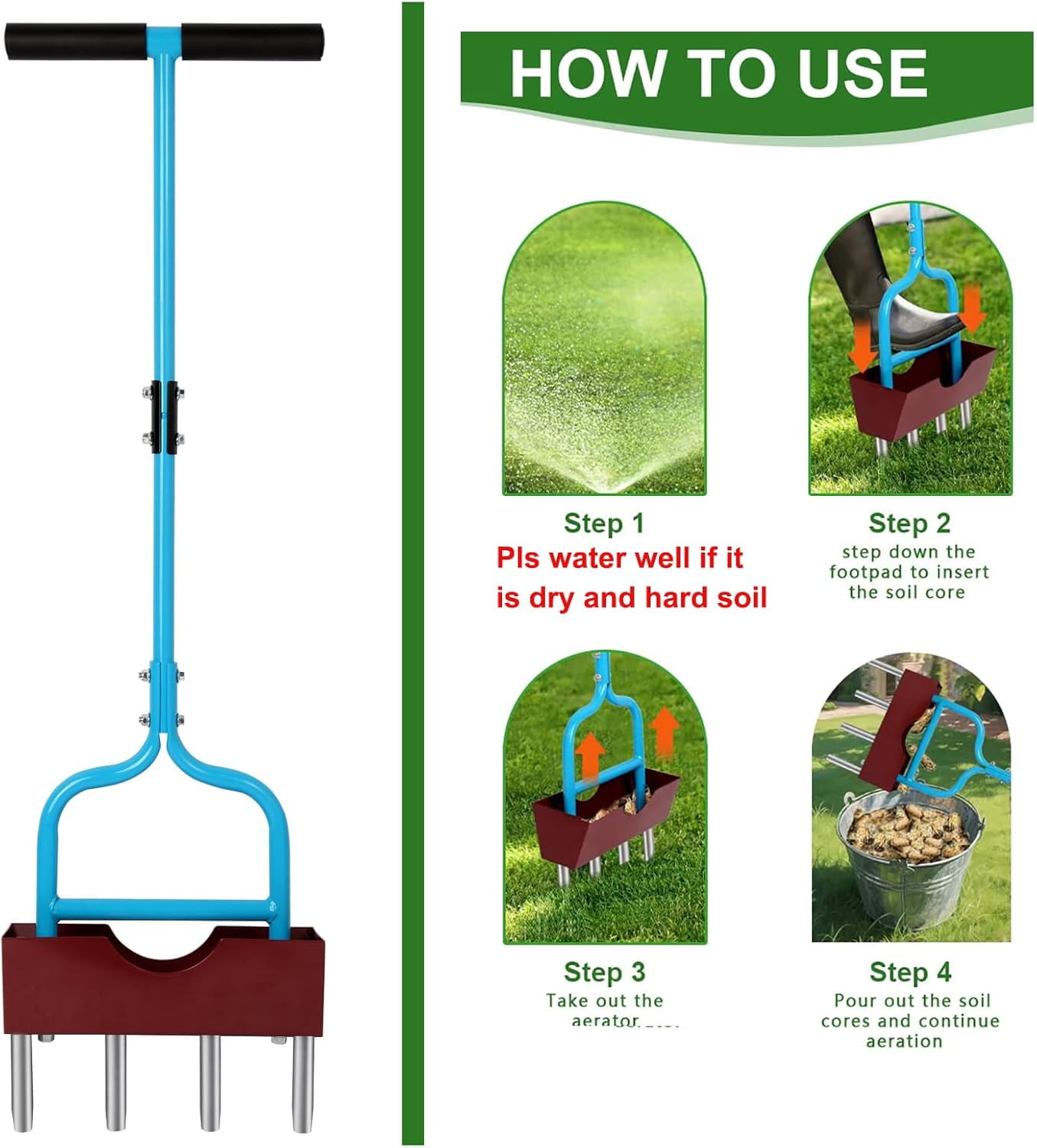 Manual Rolling Lawn Aerator with 38" Width, Heavy Duty Coring Tines and Removable Soil Catcher Tray