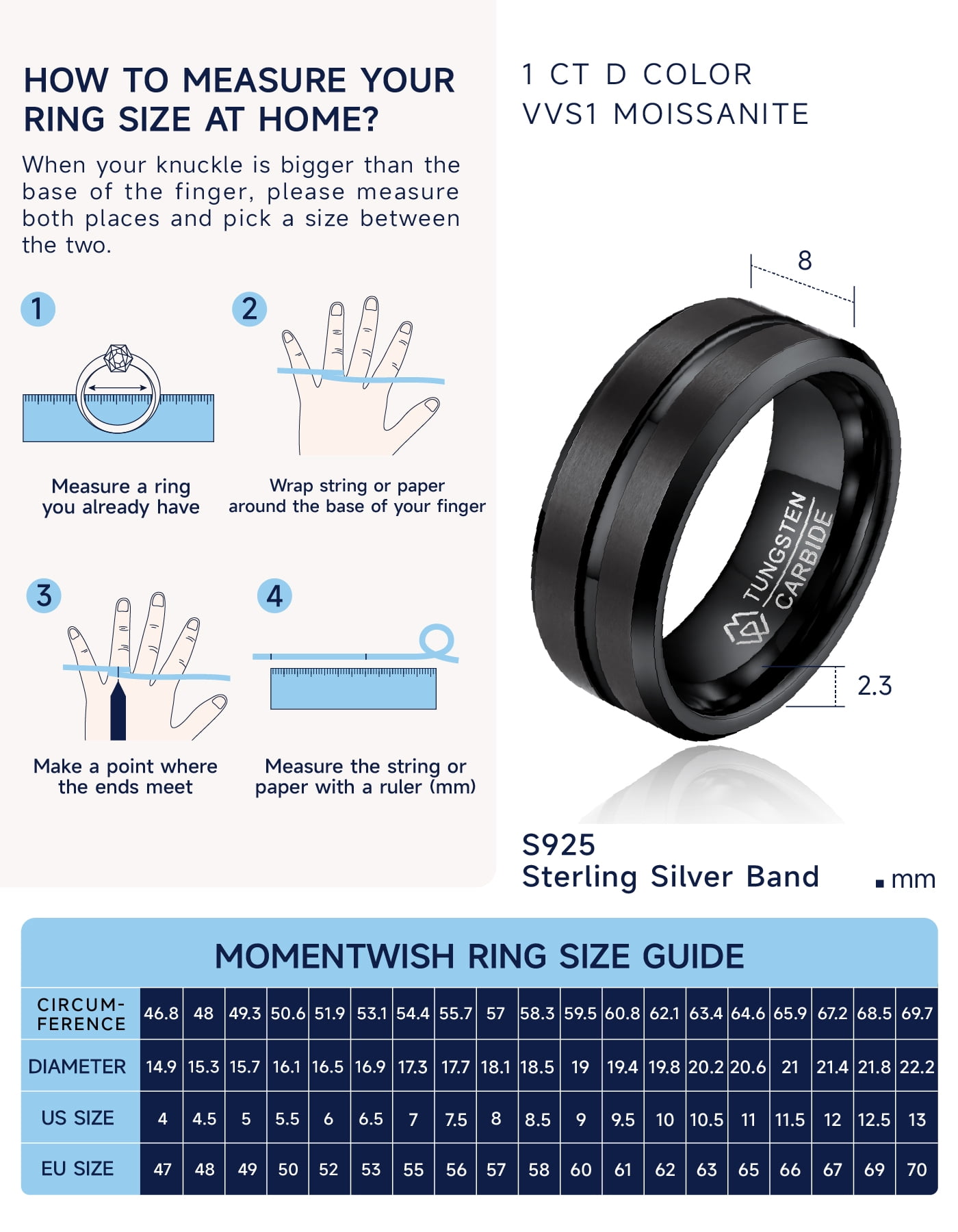 MomentWish 8mm Black Tungsten Rings, Promise Ring Eternity Band For Men-Size7,Valentine's Day Gift Birthday Gifts