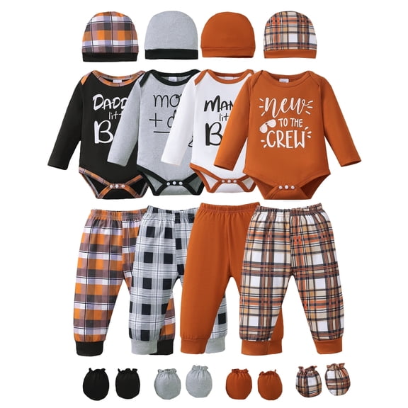 KIMI BEAR Newborn Baby Boys Layette Set Winter Outfits Long Sleeves Romper Set Letter Print Top Plaid Pants with Hats and Gloves 16pcs Clothing Brown 3-6 Months