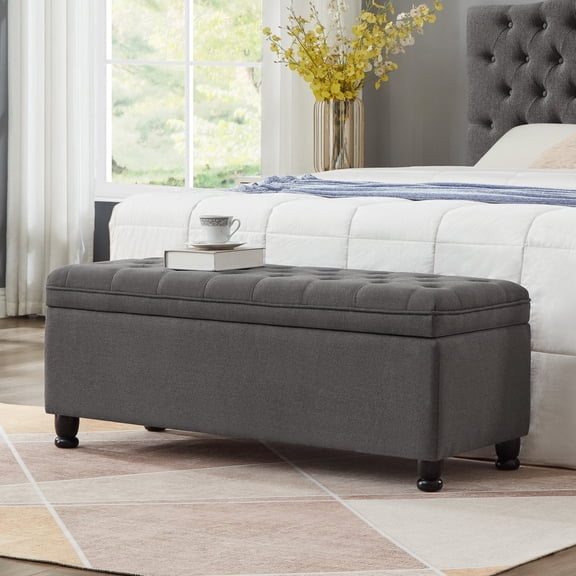 FFZ 45"L Tufted Storage Bench with Linen Fabric and Spindle Wooden Legs, Dark Gray