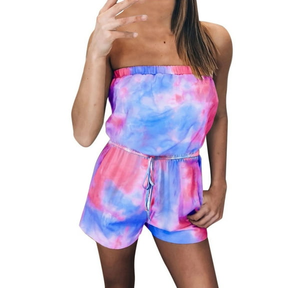 HSHMT Clearacne Sales Rompers for Women Casual Sleeveless Tie-Dye Stars Beach Short Strapless Summer womens jumpsuit (1pc jumpsuit)