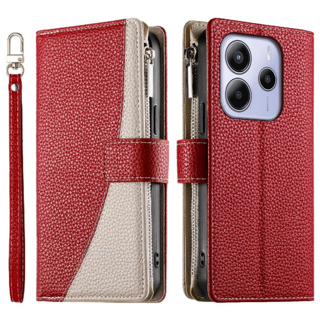 Funda cartera GANGXUN para Xiaomi Redmi Note 14 4G , cuero PU con tarjetero, cremallera, correa de mano, soporte y protección 1277°