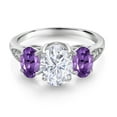 thumbnail image 2 of Gem Stone King 10K White Gold White Moissanite Purple Amethyst and White Lab Grown Diamond 3 Stone Engagement Ring for Women (2.44 Cttw, Gemstone Birthstone, Available in Size 5, 6, 7, 8, 9), 2 of 5