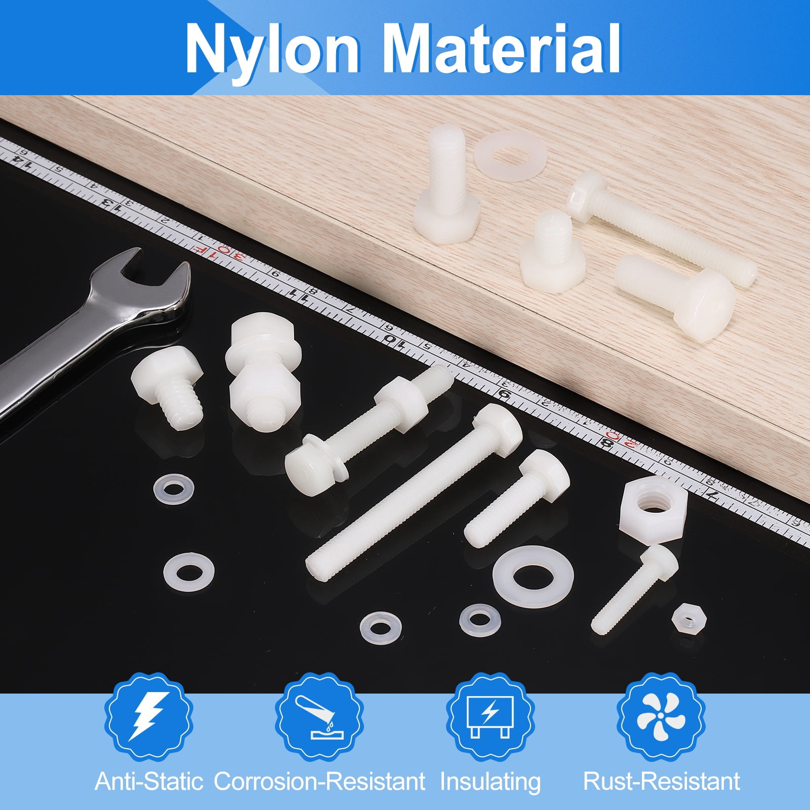 Uxcell 300 Pack/100 Sets Nylon Hex Bolts, M8 x 20mm Plastic Full Threaded Hex Head Screws Bolts and Nuts with Flat Washers for Machinery Electronics Industrial Accessories, White