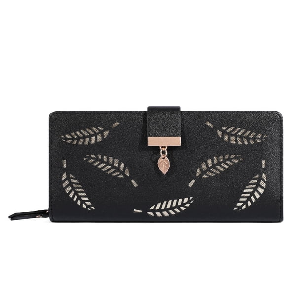 Cartera de mujer, cartera con hojas huecas, cartera estilo coreano con cremallera doble, tarjetero largo, cartera de mano