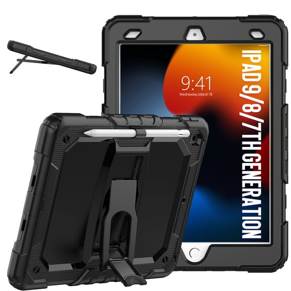 XYX For iPad 9th/8th/7th Generation 10.2 inch Case, 3in1 Heavy Duty Shockproof Tablet Case with Stand, Shoulder Strap, Black