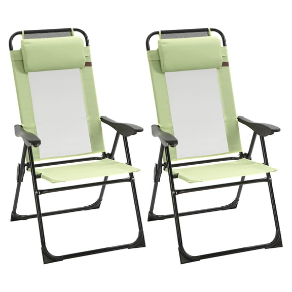 Folding Reclining Chairs Set of 2, Outdoor Patio Lounge Chairs Adjustable Backrest, Portable Camping Chair with Mesh, Green