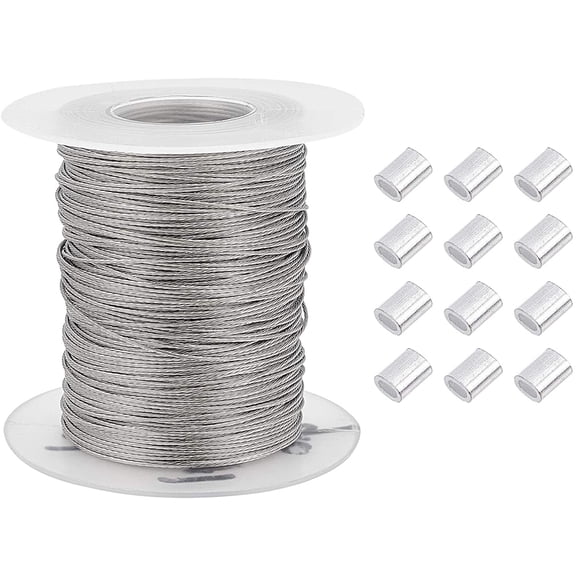 328 Feet/109 Yards 0.6mm Heavy Duty Picture Hanging Wire 304 Stainless Steel Photo Frame Hanging Wire with 30 pcs Aluminum Crimping Loop Sleeve for Mirrors Frames Load Capacity 13.8LB