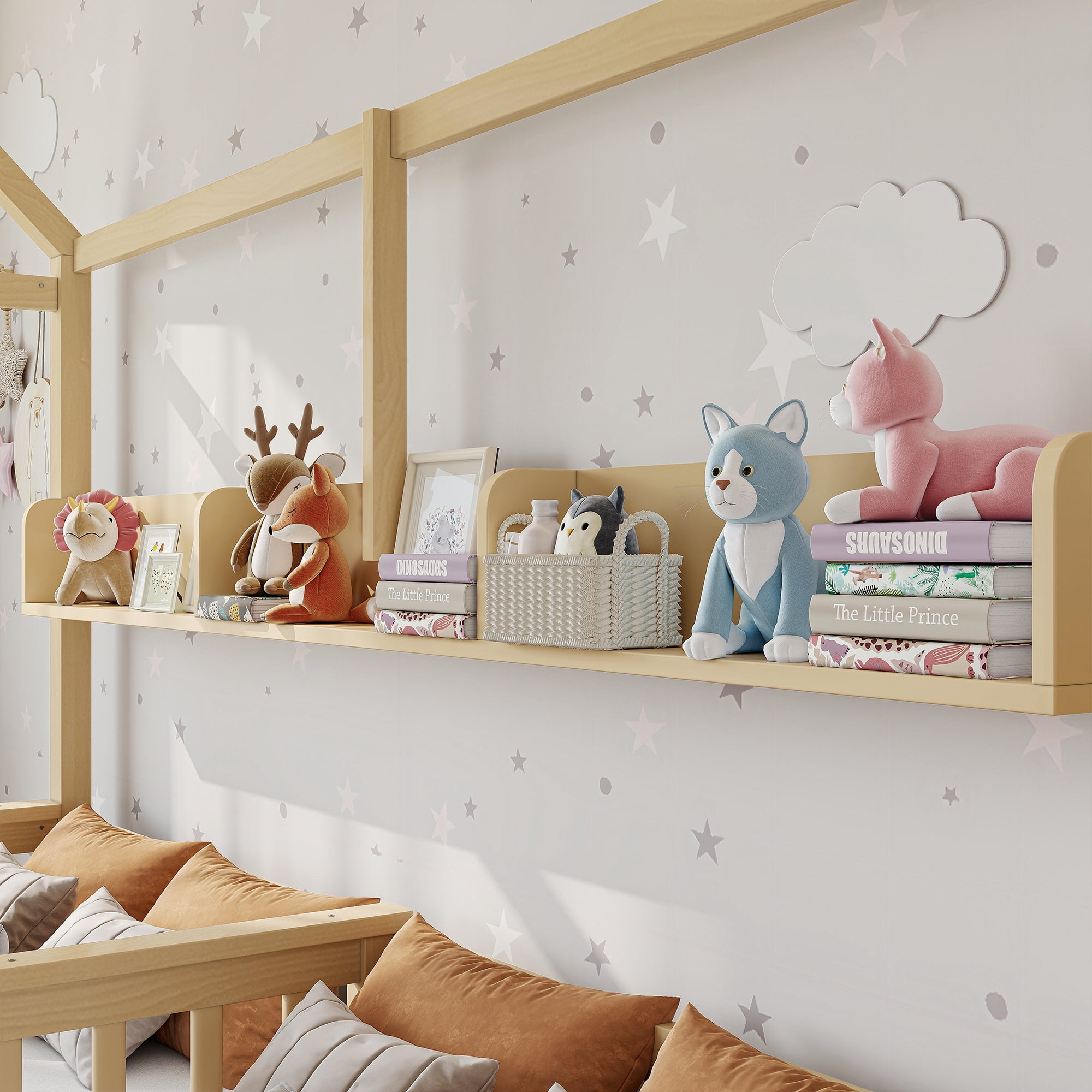 Leumius Double Twin Platform Bed Frame with Storage Shelves and Drawers, House Platform Bed with Support Slats, Childlike and Playhouse Design for Boys Girls Natural