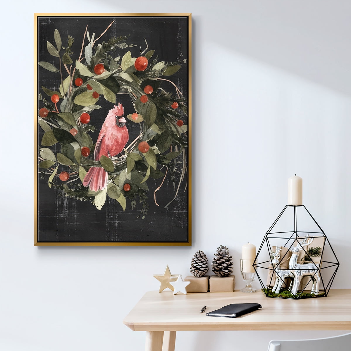 Christmas Cardinal II - Framed Gallery Wrapped Holiday Canvas - 27 x 41 - Gold Frame
