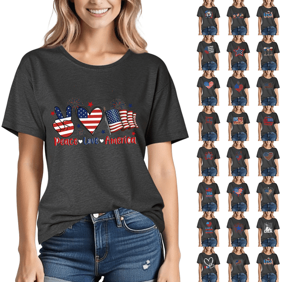 Axiiglly T Shirts for Women Flag Print Graphic Tees Patriotic Crew Neck Cotton Shirts Independence Day Short Sleeve Tops Casual 4th of July T-Shirts