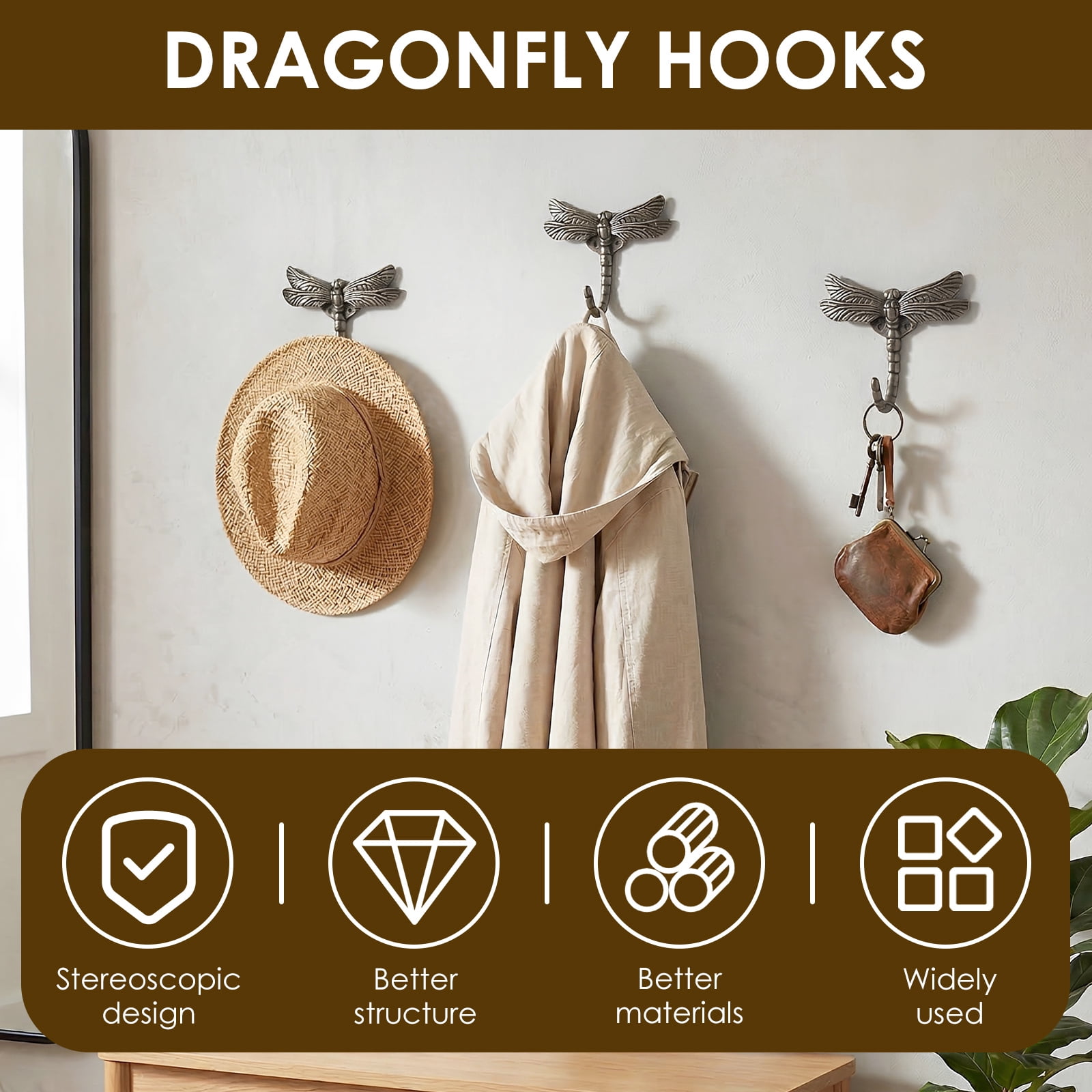 Atopoler 6 Pcs Dragonfly Hook,Wall Mounted Coat Rack Heavy Zinc Alloy Decorative Hook for Towel Robe Clothes Hat Bag Key,4.52 x 3.14 inches
