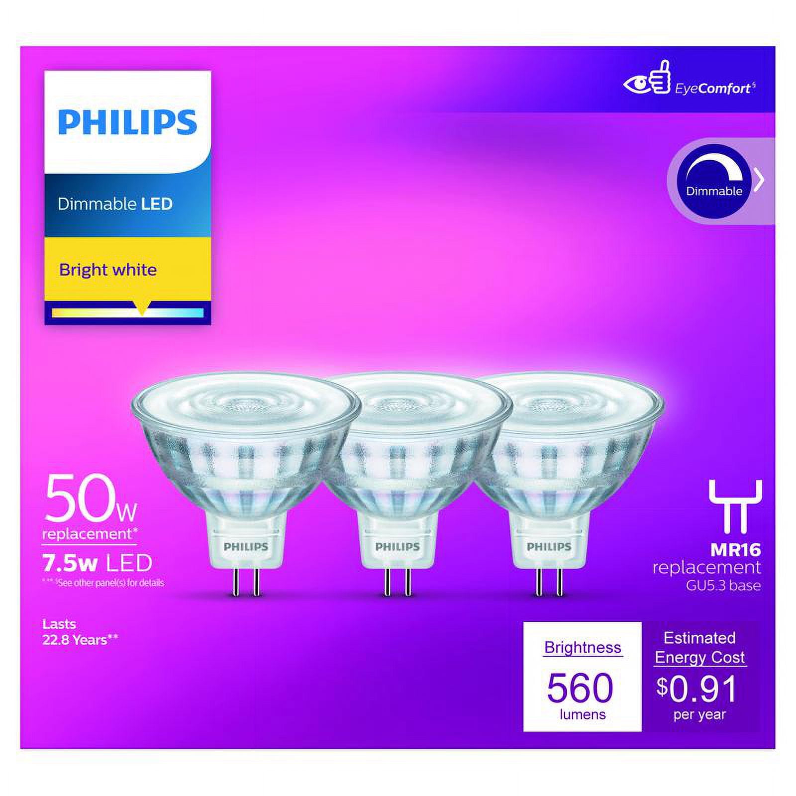 Philips LED MR16 Flood Light Bulb - 50W Equivalent, Dimmable, GU5.3 - 3 Pack