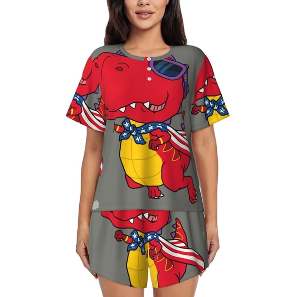 Balery Dinosaur Super Hero Cartoon Conjunto de Pijama para Mujer con Estampado, Dos Piezas de Manga Corta y Shorts, Ropa de Dormir Suave con Cuello Redondo y Bolsillos-XX-Large