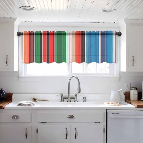 Mexican Serape Valance Curtains for Kitchen/Living Room/Bathroom/Bedroom Window, Colorful Stripes Vertical Lines Abstract Rod Pocket Small Topper Half Short Window Curtains Voile Sheer Scarf 60"x18"