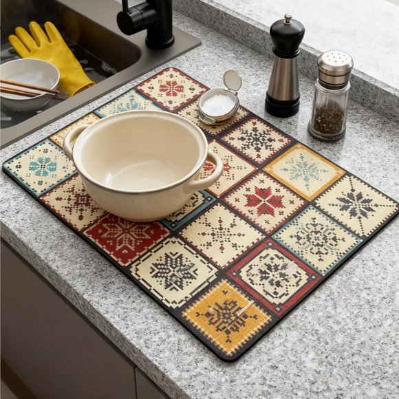 Dish Drying Mat,Retro Quick Drying Water Draining Mat for Kitchen Bar Countertop, Fast Water Absorption Hide Stains Easy to Clean Fit Coffee Bar Accessories Bar Mats for Countertop