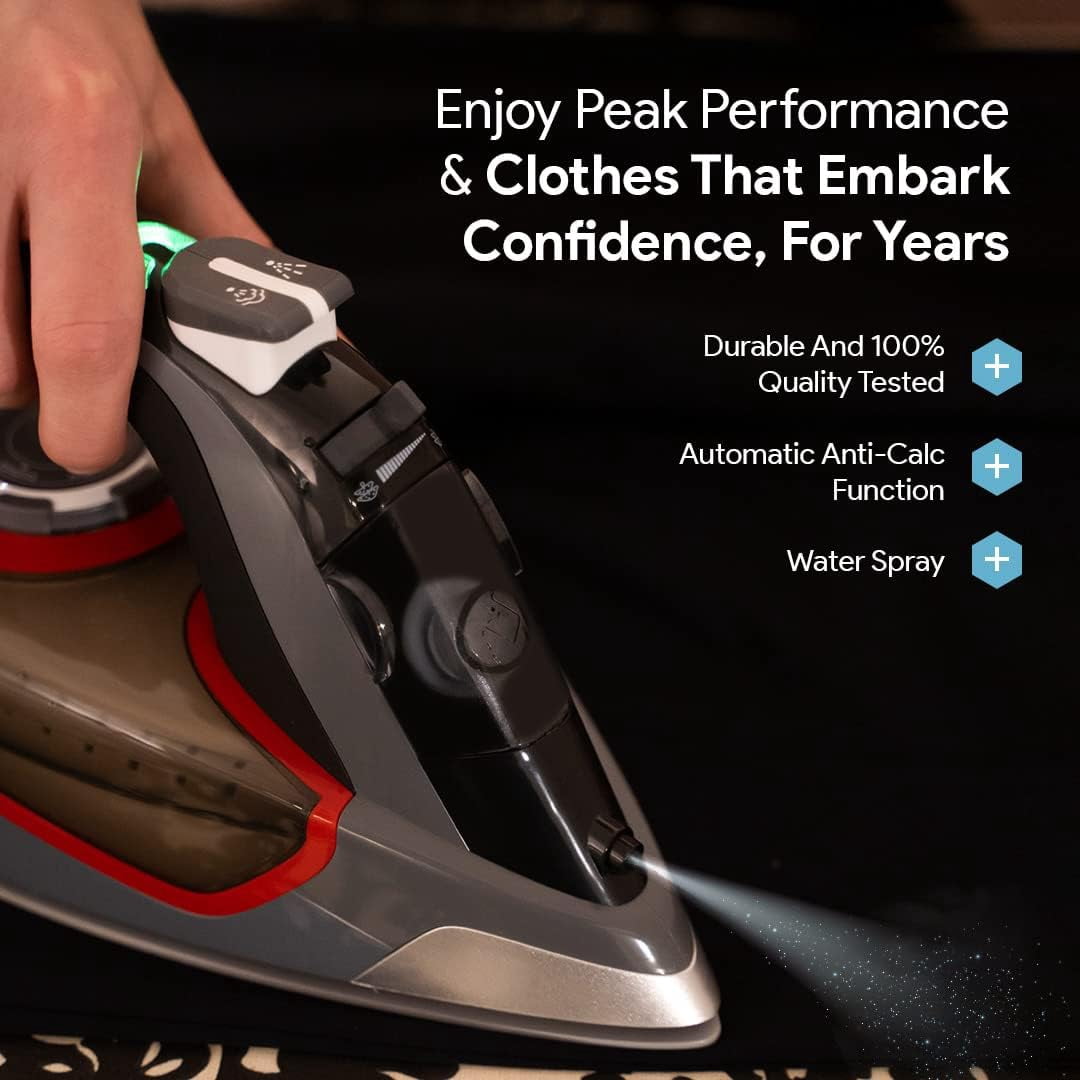 Bartnelli 1700W Pro Luxury Steam Iron for Clothes with Non Stick Ceramic Soleplate, Red, Steam Iron, Iron