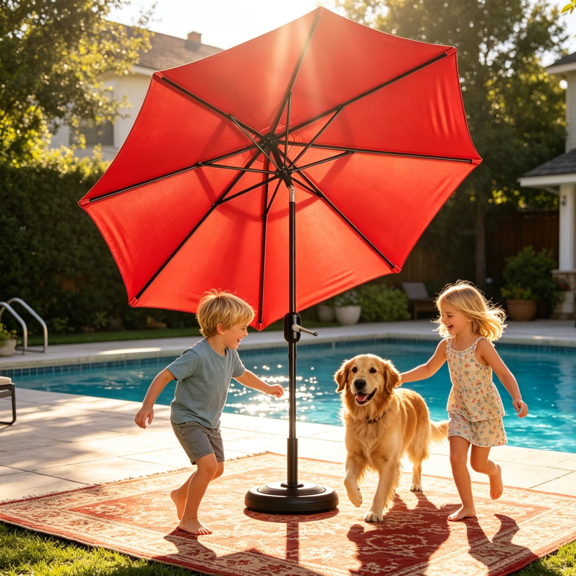 Kool 9 Ft Patio Market Umbrella , 8 Ribs with Push Button Tilt and Crank, Red