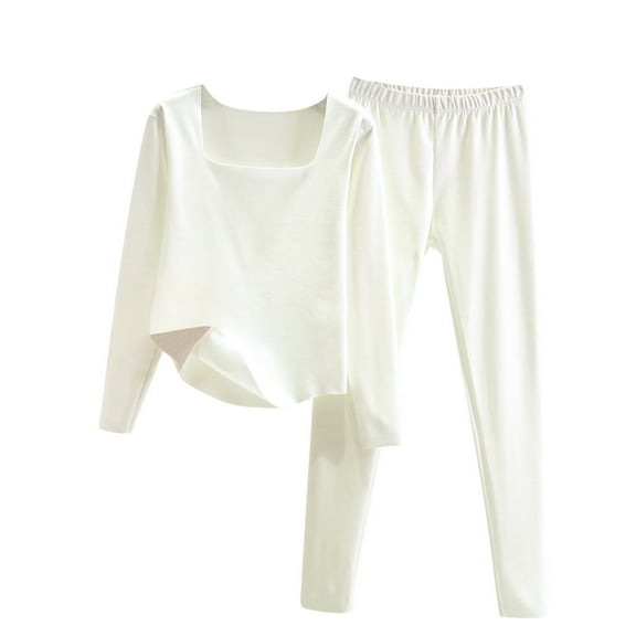 FAIWAD Warm Pajamas Set for Women Long Sleeve Square Neck Tops with Pants Thermal Lightweight Basic Suit