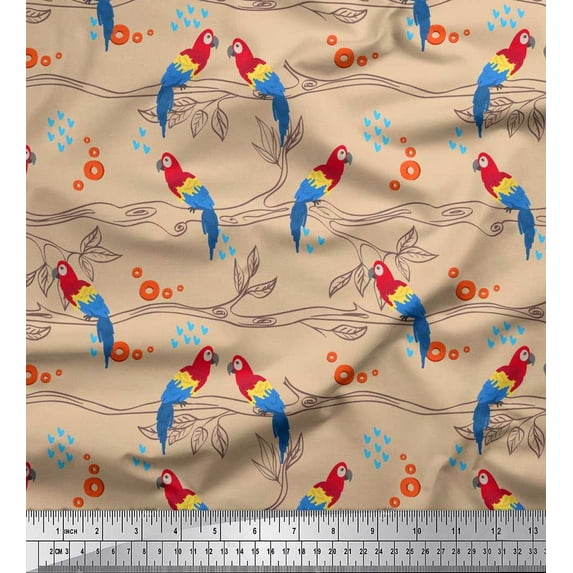Soimoi Rayon Fabric Branches,Leaves & Macaw Parrot Bird Print Sewing Fabric Yard 42 Inch Wide