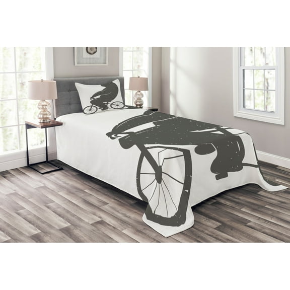 Ambesonne Modern Quilted Bedspread Set 2 Pcs, Bike Humor Hipster Bear, Twin Size, Grey